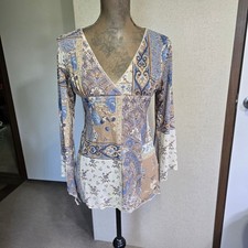 Vintage Y2K M Long Sleeve Boho Top Brown/Blue Fairy Festival Babydoll Empire