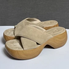 Zara Sandals 38 Beige Sand Nude Suede Platform Clog Shoes Faux Wood Chunky Heels