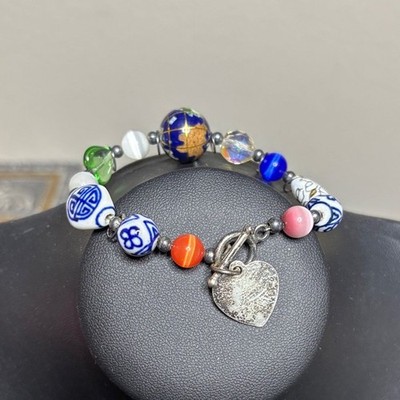Glass Ceramic World Globe Cats Eye Beaded Unique Heart 925 Charm Bracelet