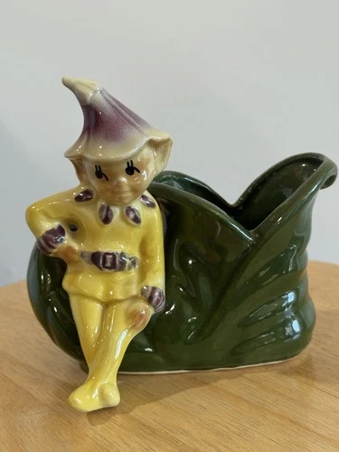 Vintage Shawnee Pixie Elf Sitting on Green Elf Shoe Planter Kitchy