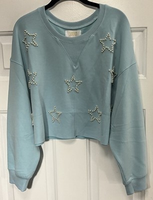 Simply Southern Pearl Embellished Baby Blue Cropped Sweater/Pullover Women Large