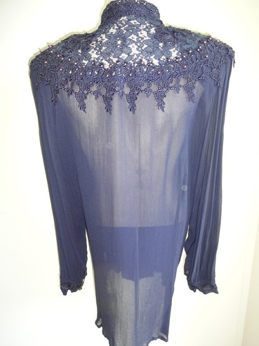 NOS New Vintage Cix & Co Saveria Milo Blue Sheer Top Blouse M L Beads Flowers - Picture 4 of 8