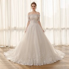 Boat Neck Lace Wedding Dress Short Sleeve Bride Gown Crystal Beaded Wedding Gown