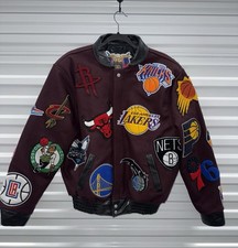 Mens Small Jeff Hamilton NBA Teams Logo Patch Wool Leather Bomber Jacket Maroon