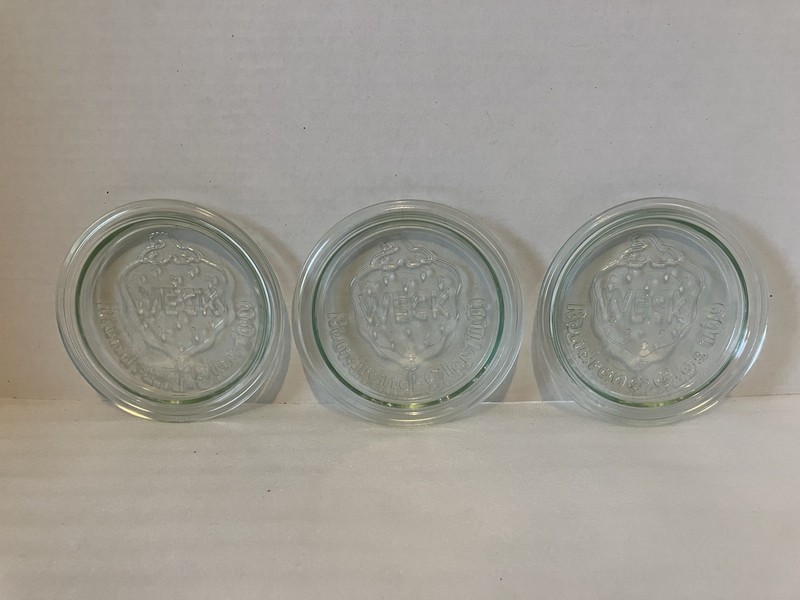 Lot Of 3 WECK Clear Glass Canning Lids Rundrand-Glas 100mm Green Tint Strawberry