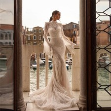 Luxury Lace Mermaid Wedding Dresses Women High Collar Illusion Back Bridal Gown