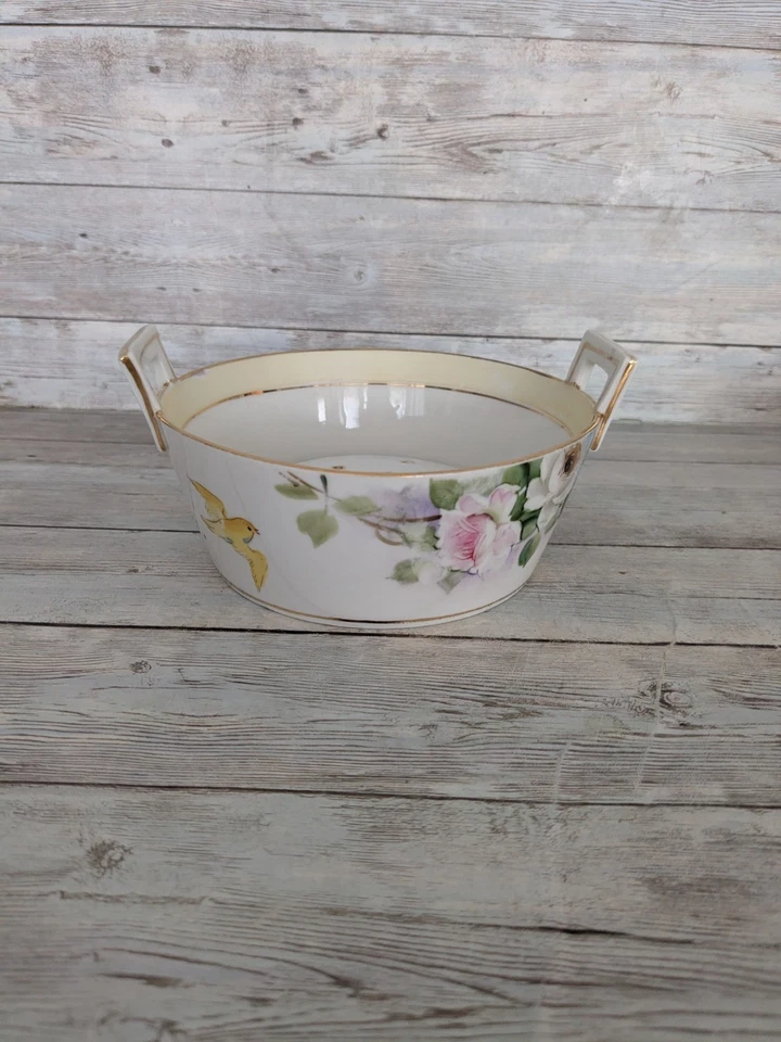 Plato de mantequilla de porcelana vintage con par de insertos Nippon pintado a mano pájaro rosa Foto 2 de 4