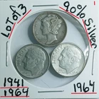 Lot of 3 Silver Dimes2-Roosevelt & 1-Mercury 90% VG Condition Look@ & Judge Them