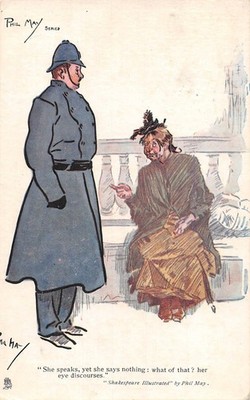 POSTKARTE COMIC SHAKESPEARE THEMA POLIZIST ALT LIEBE SIE SPRICHT ABER NICHTS