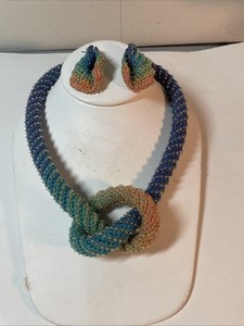 Crochet Necklace & Earrings Set Ombré Tropical Colors Beads ,Snap Close Artisan
