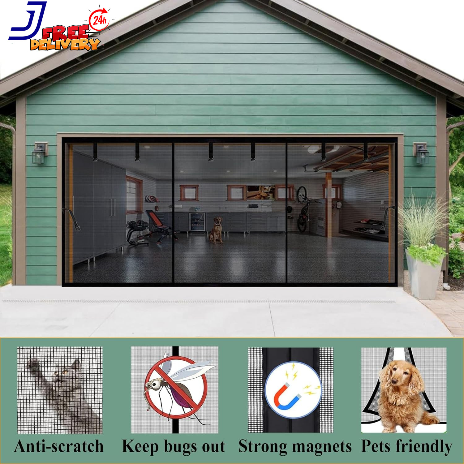 Garage Door Screen 17X10Ft for 2 Car Retractable Fiberglass Magnetic Screen Mesh