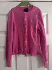 Polo Ralph Lauren Girls Cardigan Pink M 8-10 Pastel Ruffle Hem Preppy Cotton