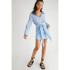 Free People Women's Rrillo Mini Shirtdress Long Sleeve Sky Blue Size Medium NWOT
