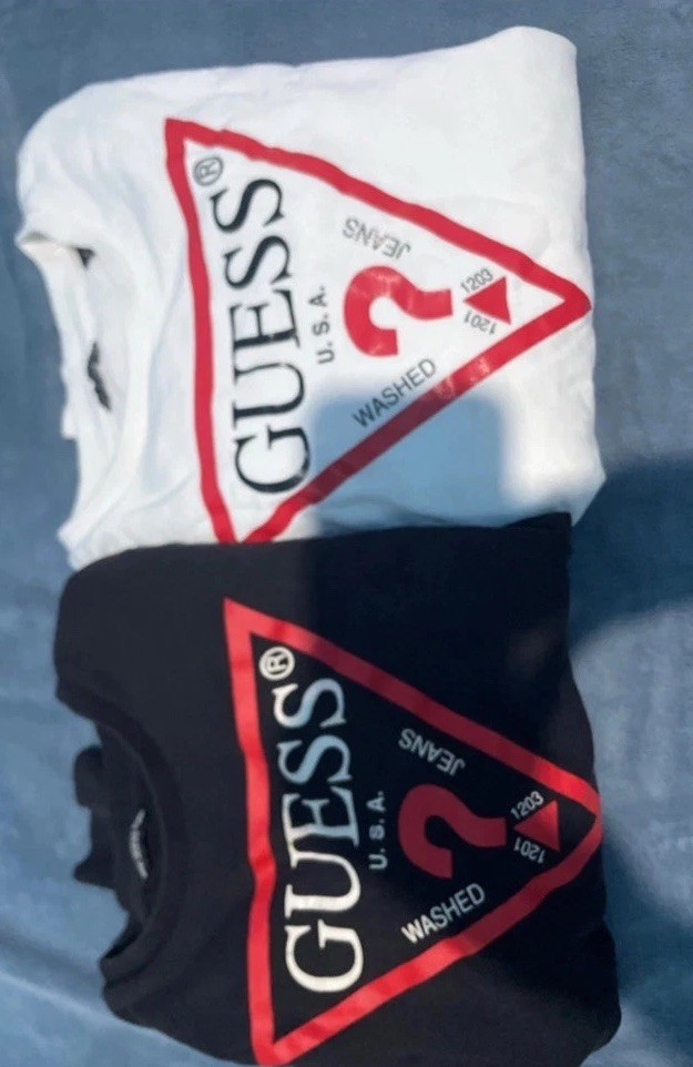 GUESS 2x T-shirt Uomo Girocollo Logo Triangolo Nero/Bianco/Rosso UK 34