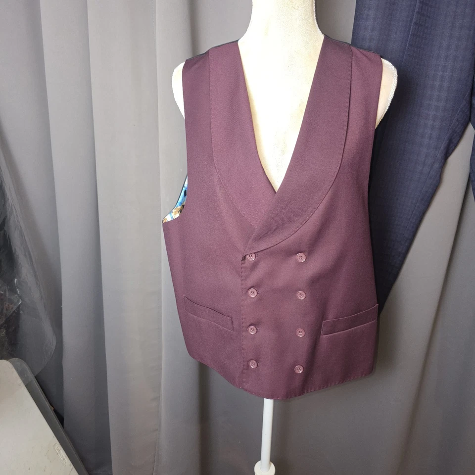 Statement Italy 3 Piece Suit 36R Super 150s Wool Navy Grid + 2 Silk Ties - Image 4 of 4