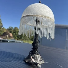 Vintage Boudoir Table Lamp Frosted Glass Dome Shade Beaded Fringe Victorian
