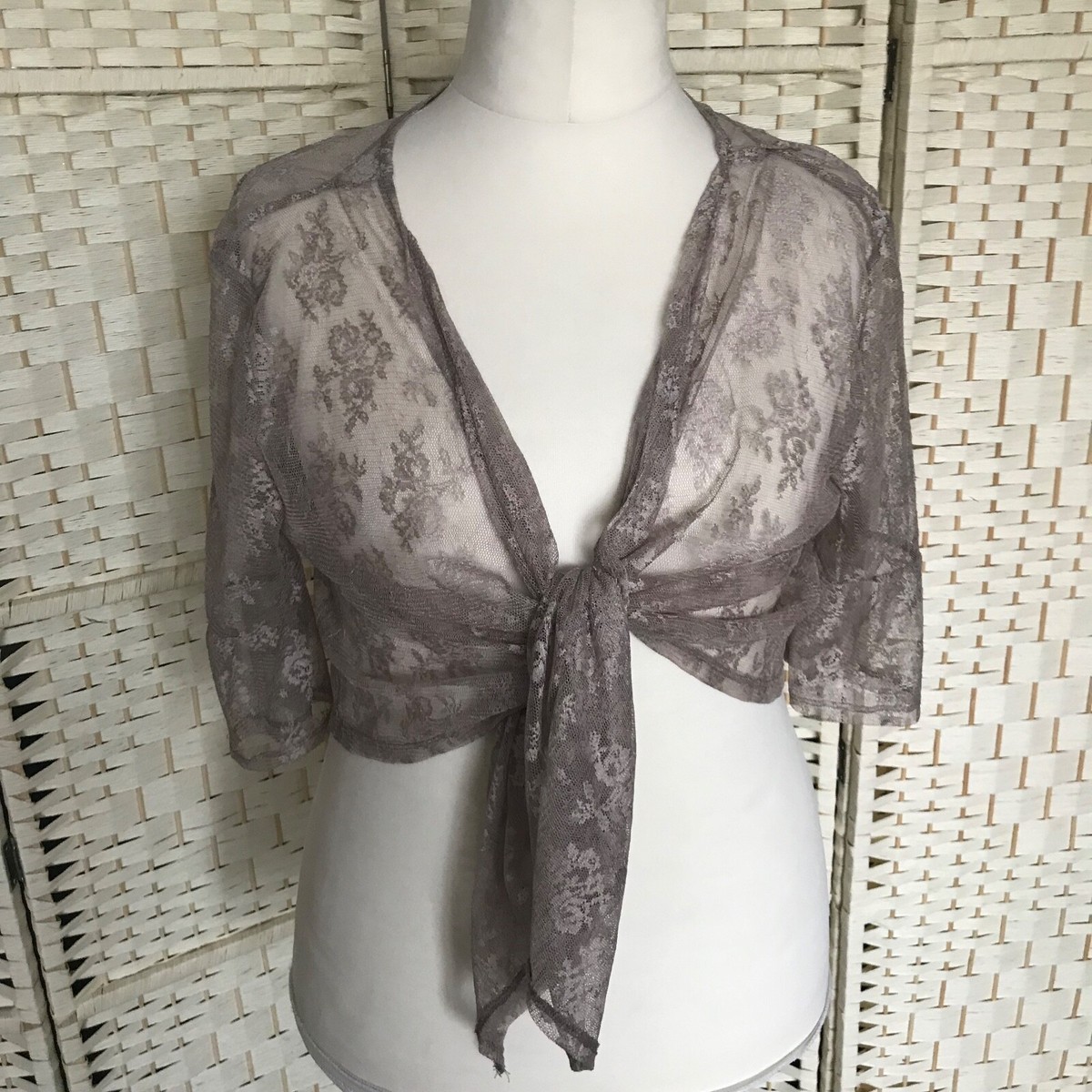 Size 18 Mink Metallic Floral Lace Shrug Cover Up Bolero Tie Up Top