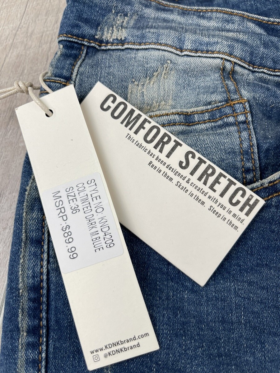 売却済み KDNK Paint Brush Distressed Jeans Dark Medium Blue Skinny Tapered