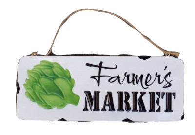 White enamel distressed tin artichoke Farmer's Market sign hemp 10 1/8'' x 4''