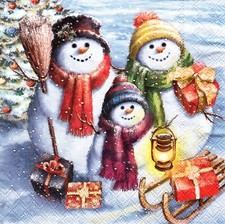 2 Two Paper Lunch Napkins for Decoupage/Mixed Media - Snowmen Family