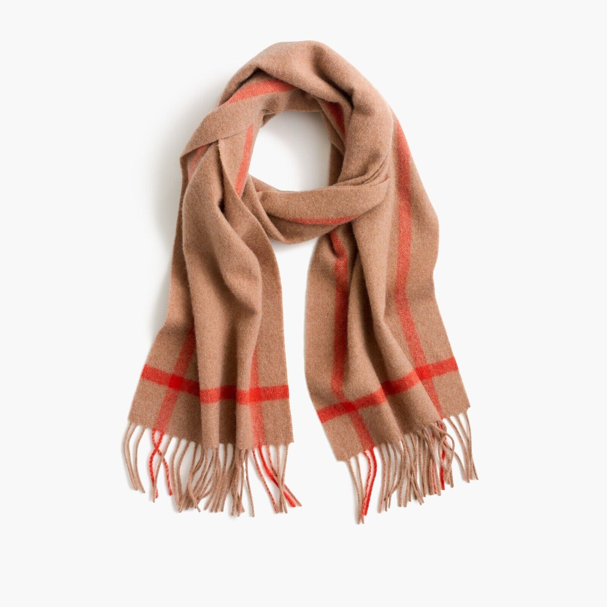 J Crew Contrast Cashmere Scarf Heather Camel Flame Plaid Item 3795