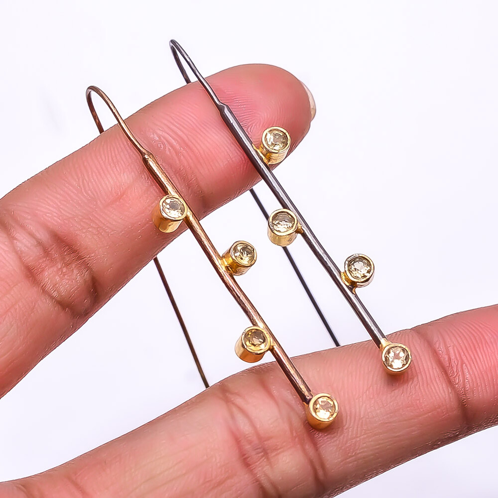 Citrine 925 Sterling Silver Black And Gold Rhodium Plated Earring 2.15