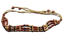 Three Strand Wood Bead Choker Native Tribal Indigenous Artisan Necklace 1980s