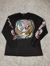 Vintage Hot Leathers T Shirt Mens Medium Black Long Sleeve USA Eagle Adult Y2K