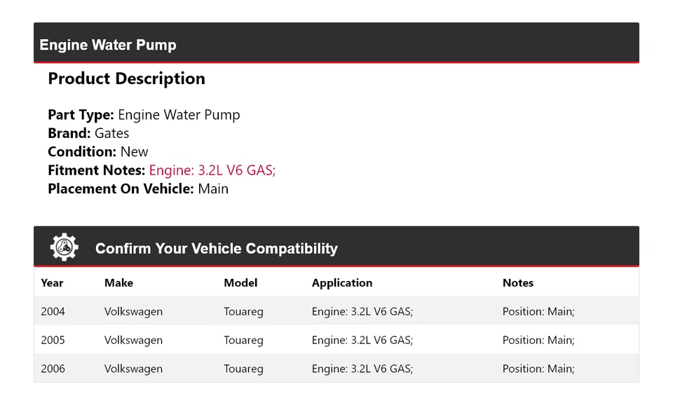 Portões principais 2005 bomba de água motor Volkswagen Touareg 3.2L V6 GAS 2004-2006 - Imagem 2 de 4