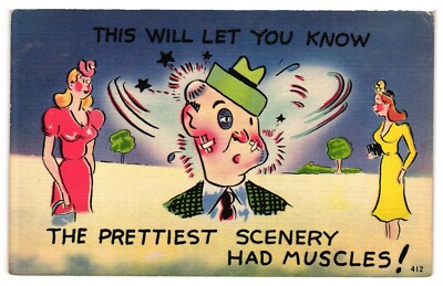 Unused Postcard Comic Beat up Man with two Girls Prettiest Scenery has muscles