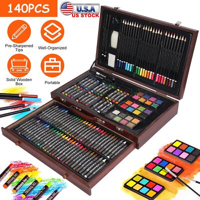 140Pcs Colored Pencils Oil Pastels Crayons Watercolor Cakes Brushes Box For All