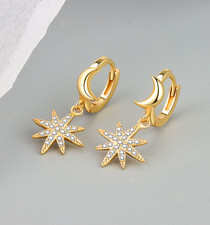 Gold Crescent Moon Star Ray Pave Cubic Zirconia Hoop Stud Drop Dangle Earrings