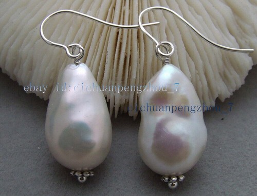 Real Natural Huge White Freshwater Baroque Pearl Dangle Silver Hook Earrings - Picture 3 of 4