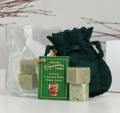 JC Walsh & Sons Set of 4 Connemara Marble Whiskey Stones in Green Drawstring Bag
