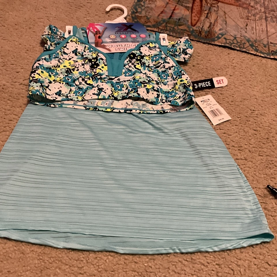 ZEROXPOSUR МОЛОДЕЖИ ДЕВОЧЕК ПЛАВАТЬ КОМПЛЕКТ 3-ШТ ПЛАВАТЬ КОМПЛЕКТ РАЗМЕР XL 16 БИРЮЗОВЫЙ И ЧЕРНЫЙ НОВЫЙ - Изображение 3 из 4