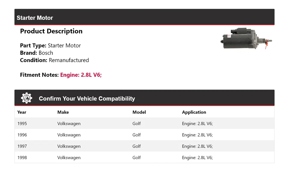 Стартер (восстановленный) 1996 1997 для Volkswagen Golf 2,8 л V6 Bosch 1995-1998 годов выпуска - Изображение 2 из 4