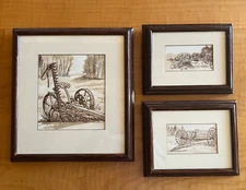 3 Pen & Ink Drawings, Plow and Prairie Farm Scenes signed Yowney '98, Alberta CA