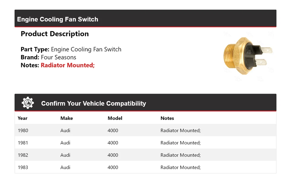 For 1980-1983 Audi 4000 Engine Cooling Fan Switch 4 Seasons 1981 1982 - Image 2 of 4