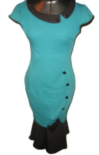 VINTAGE Teal Black Ruffle Hem Pinup Retro 40's Wiggle Dress Portrait Collar Sz S - Afbeelding 1 van 7