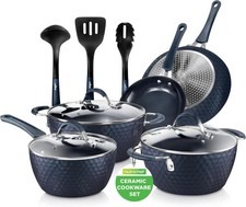 NutriChef 11-Pc Nonstick Cookware Set - Blue Diamond Pots & Pans Induction Ready