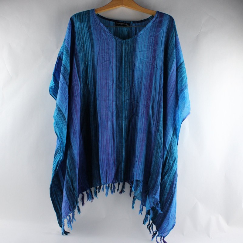 Primitive Vibes Hawaii Women's Boho Fringe Blouse Purple Blue Rayon Loose