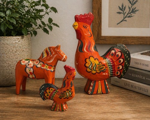 Vintage Swedish Dala Horse & Rooster Set Hand Painted Folk Art Mid Century