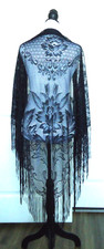 Vtg-70s Spesialty House Japan Black Floral Lace Fringe Shawl Triangle Shawl