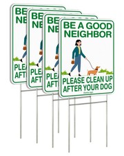 Clean Up After Your Dog Signs, 4 Pack 12"x9" Double Sided with Metal H-Stak...