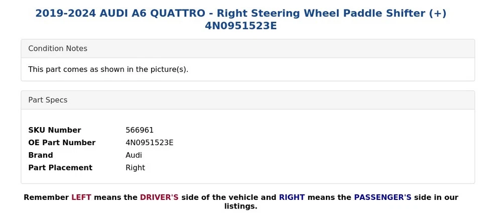 2019-2024 AUDI A6 QUATTRO - Right Steering Wheel Paddle Shifter (+) 4N0951523E - Image 4 of 4