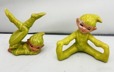Vintage PIXIE ELVES YELLOW GREEN GLAZED CERAMIC FIGURINES