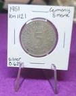 Germany 1951 5 Mark Silver Coin 0.625 Fine KM 112.1 West & Unified 1949-Now — photo 4