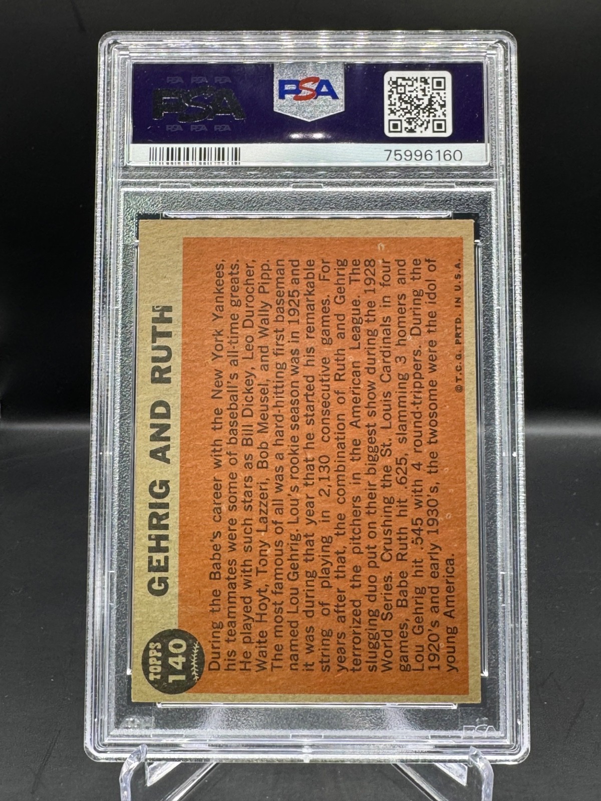 1962 TOPPS!  GEHRIG AND RUTH!  GREEN TINT!  #140   PSA 4!  VG-EX CONDITION! view 2