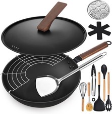 AOSION 13'' Carbon Steel Wok, 12 Piece Wok Pan & Stir-Fry Pans Set with Black