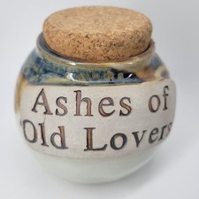 Contenedor/frasco de cerámica artística “Ashes Of Old Lovers” tapa de corcho sin firmar nuevo viejo atascado